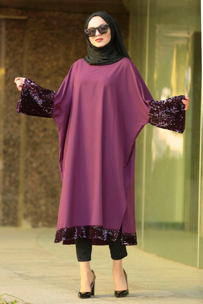 Nayla Collection - Pul Payetli Fuşya Tesettür Tunik 2267F - 1