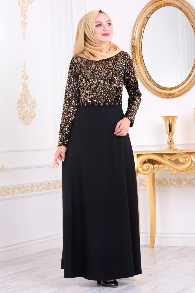 Nayla Collection - Pul Payetli Gold Tesettür Abiye Elbise 3052GOLD - 1