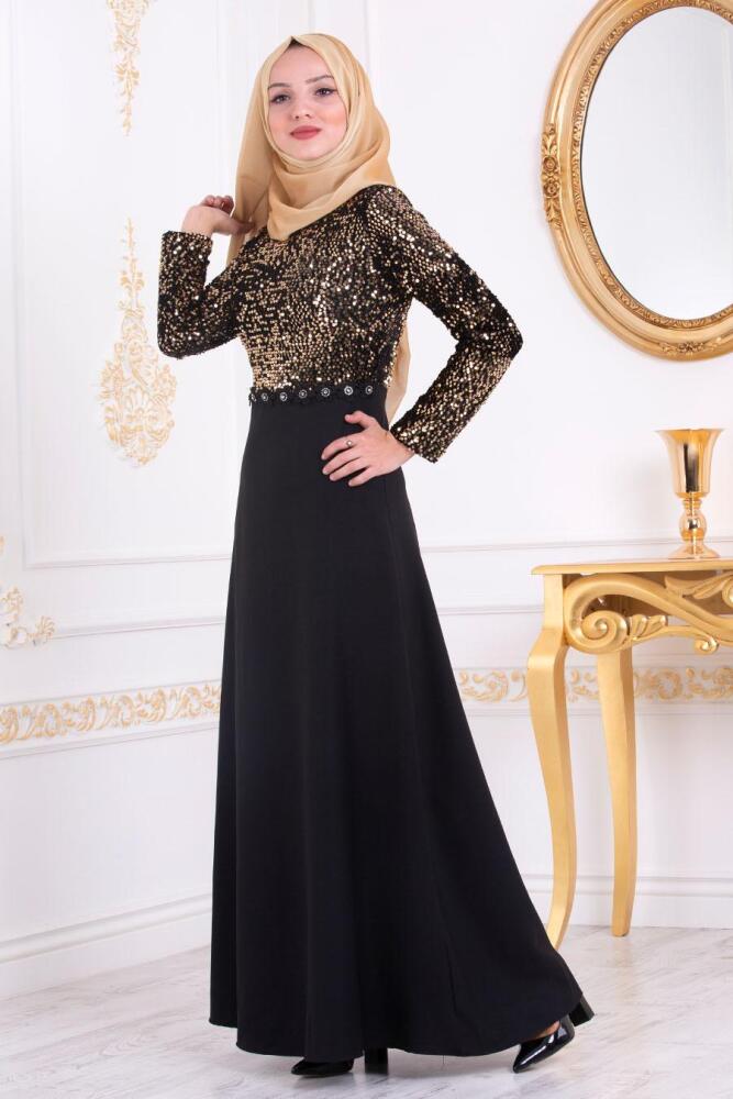 Nayla Collection - Pul Payetli Gold Tesettür Abiye Elbise 3052GOLD - 2