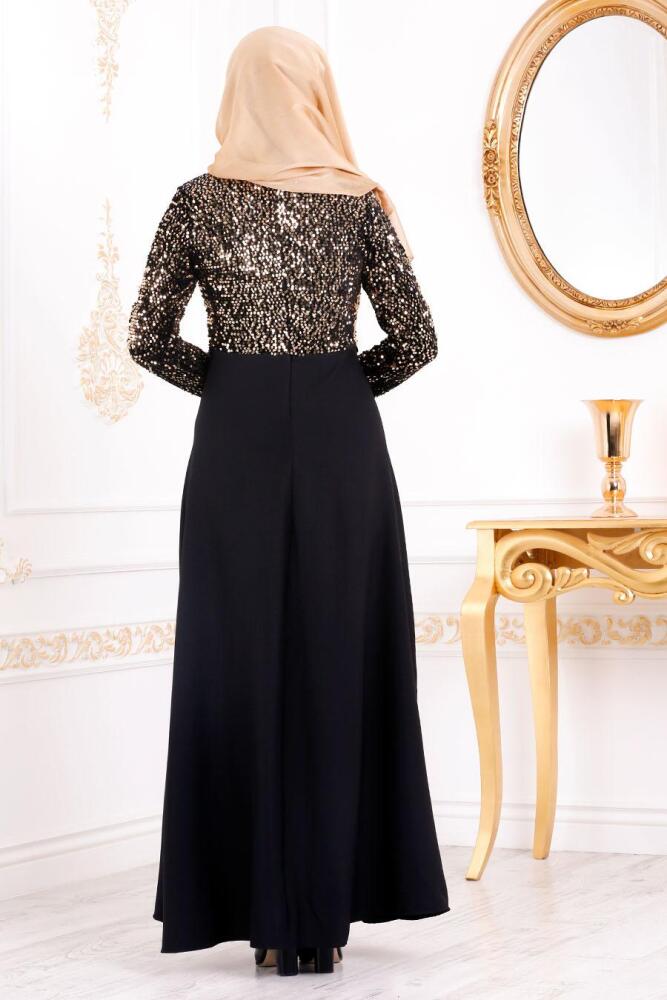 Nayla Collection - Pul Payetli Gold Tesettür Abiye Elbise 3052GOLD - 3