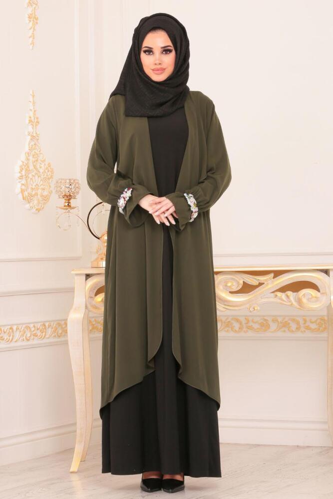Nayla Collection - Pul Payetli Haki Tesettür Abaya 8892HK - 1