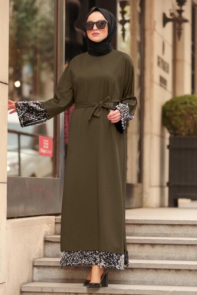 Nayla Collection - Pul Payetli Haki Tesettür Elbise 2214HK - 1