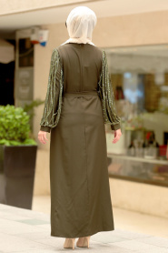 Nayla Collection - Pul Payetli Haki Tesettür Elbise 5010HK - Thumbnail