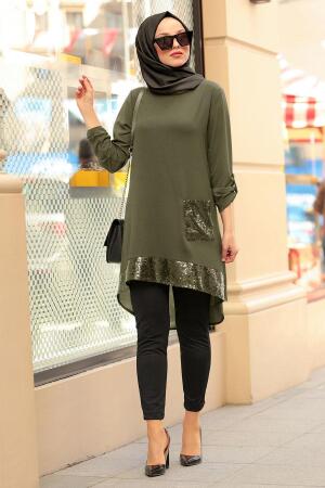 Nayla Collection - Pul Payetli Haki Tesettür Tunik 40090HK - 1