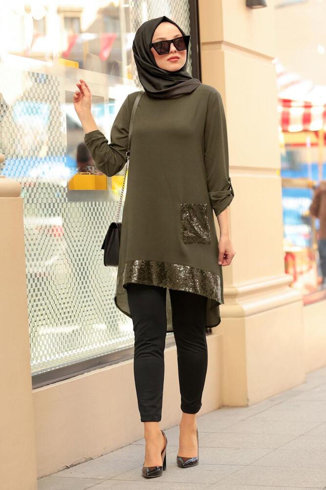 Nayla Collection - Pul Payetli Haki Tesettür Tunik 40091HK - 1
