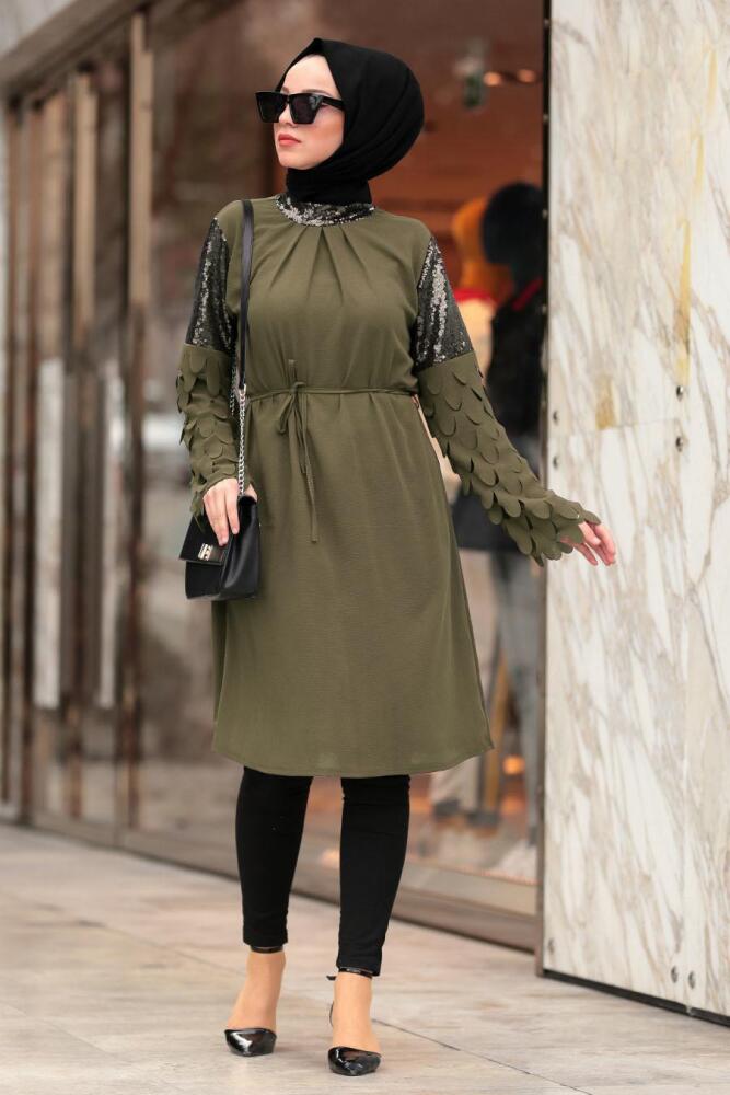 Nayla Collection - Pul Payetli Haki Tesettür Tunik 4060HK - 1