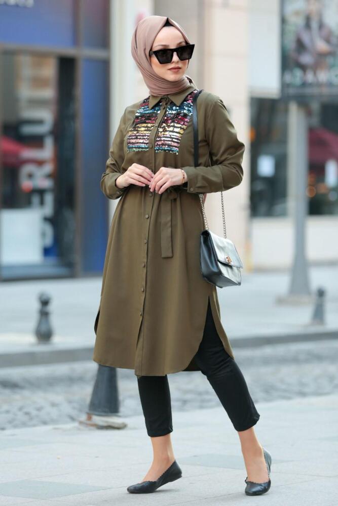 Nayla Collection - Pul Payetli Haki Tesettür Tunik 5448HK - 1