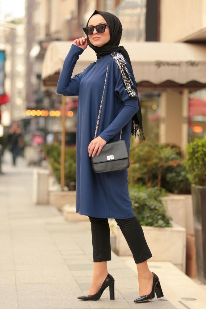 Nayla Collection - Pul Payetli İndigo Mavisi Tesettür Tunik 5129IM - 1