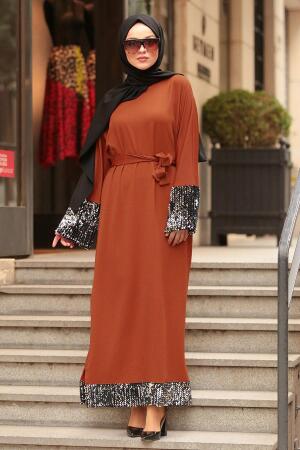 Nayla Collection - Pul Payetli Kiremit Tesettür Elbise 2214KRMT - 1