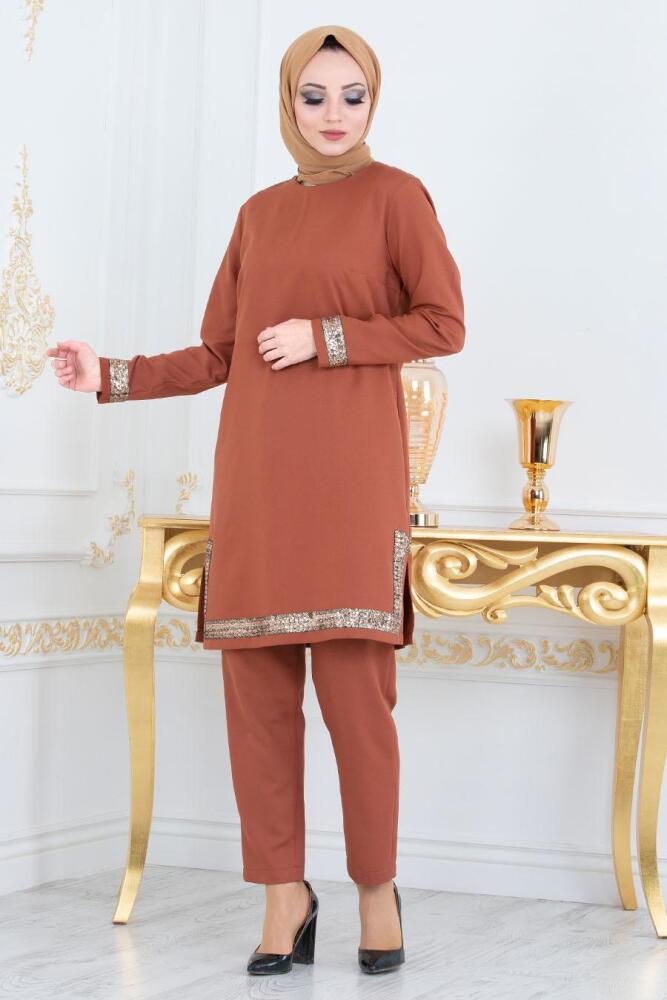 Nayla Collection - Pul Payetli Kiremit Tunik/Pantolon Tesettür Takım 5417KRMT - 1