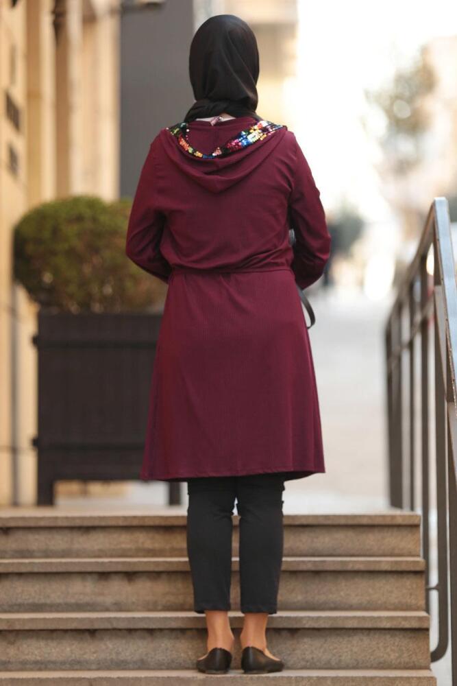 Nayla Collection - Pul Payetli Mürdüm Tesettür Hırka 6006MU - 2