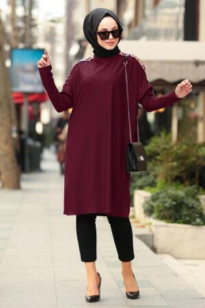 Nayla Collection - Pul Payetli Mürdüm Tesettür Tunik 5129MU - 1
