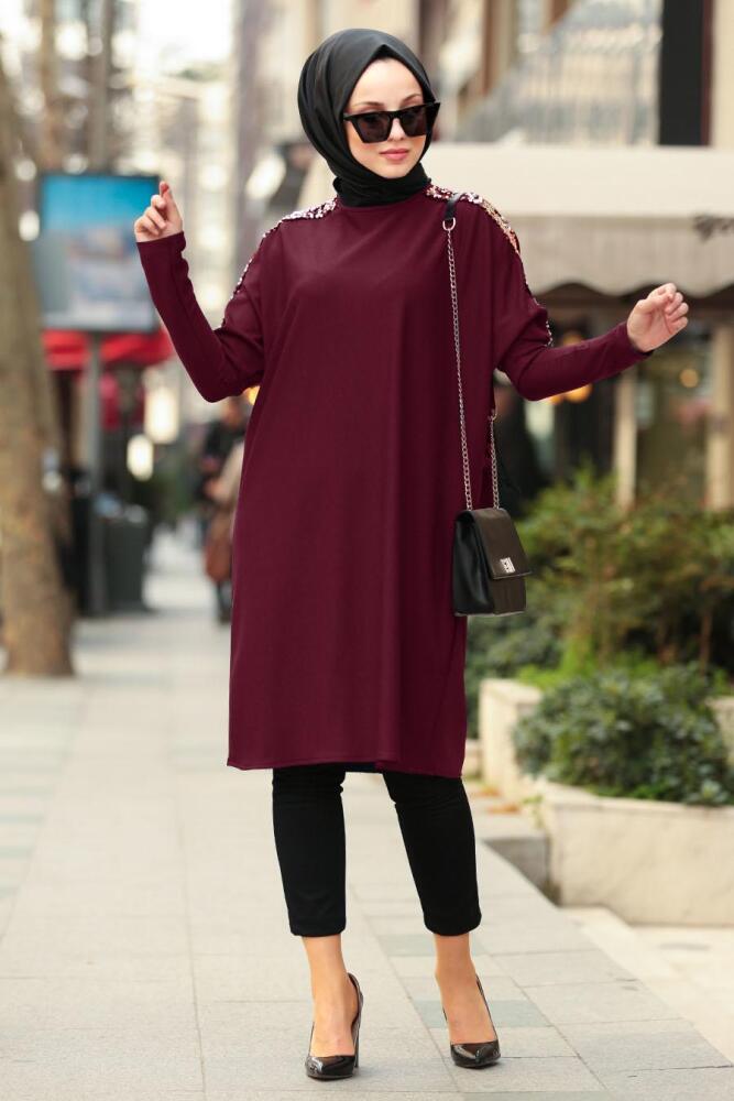 Nayla Collection - Pul Payetli Mürdüm Tesettür Tunik 5129MU - 1
