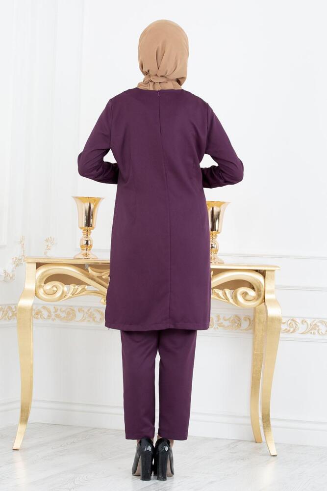 Nayla Collection - Pul Payetli Mürdüm Tunik/Pantolon Tesettür Takım 5417MU - 2