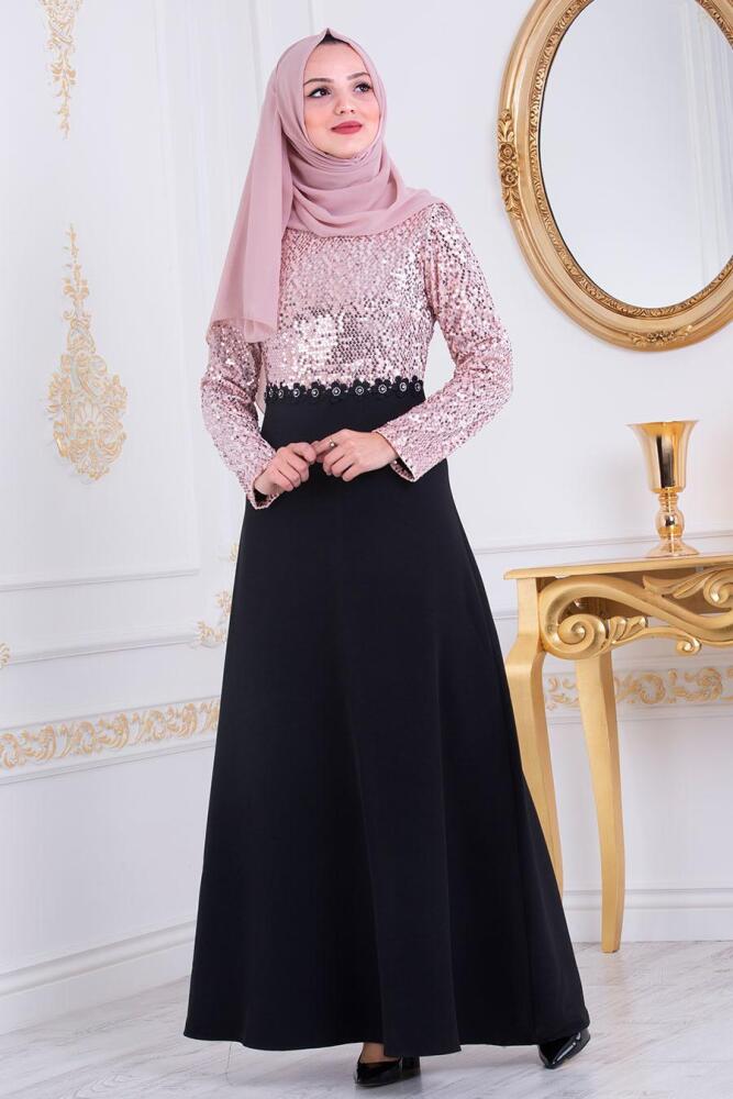 Nayla Collection - Pul Payetli Pudra Tesettür Abiye Elbise 3052PD - 1