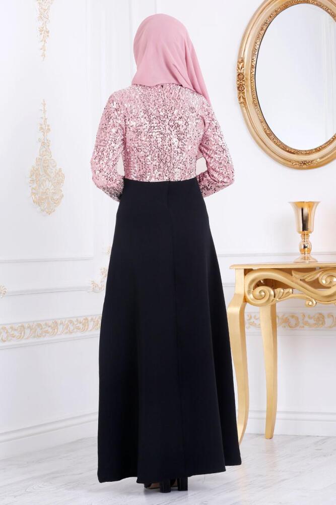 Nayla Collection - Pul Payetli Pudra Tesettür Abiye Elbise 3052PD - 2