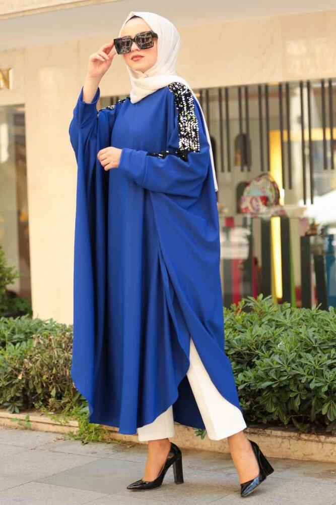 Nayla Collection - Pul Payetli Sax Mavisi Tesettür Panço Tunik 6249SX - 1
