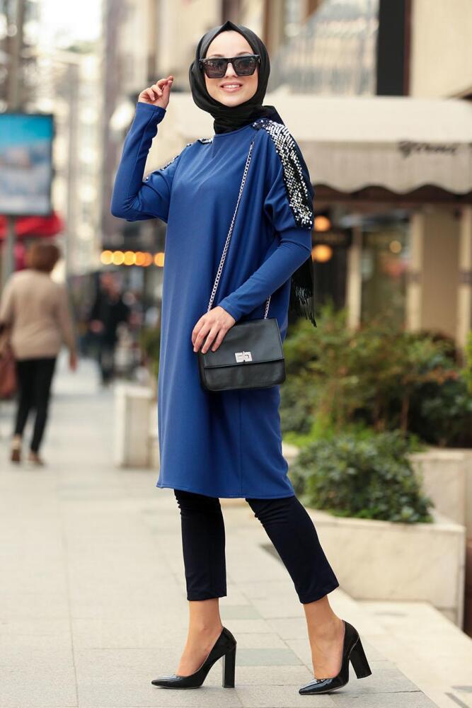 Nayla Collection - Pul Payetli Sax Mavisi Tesettür Tunik 5129SX - 1