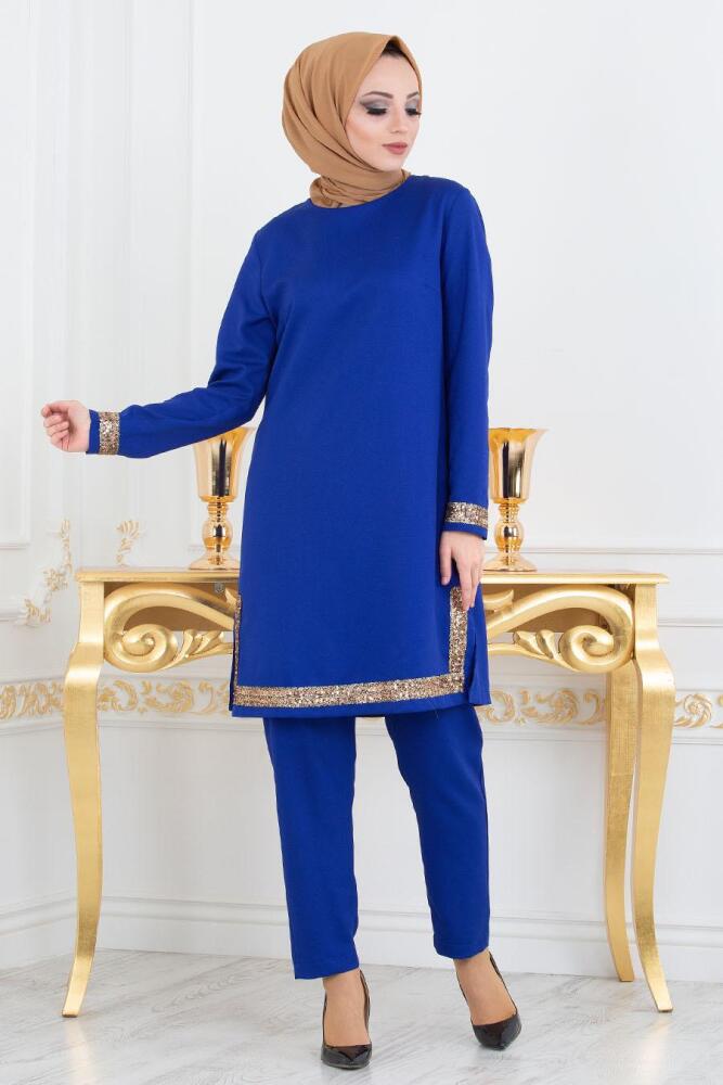 Nayla Collection - Pul Payetli Sax Mavisi Tunik/Pantolon Tesettür Takım 5417SX - 1
