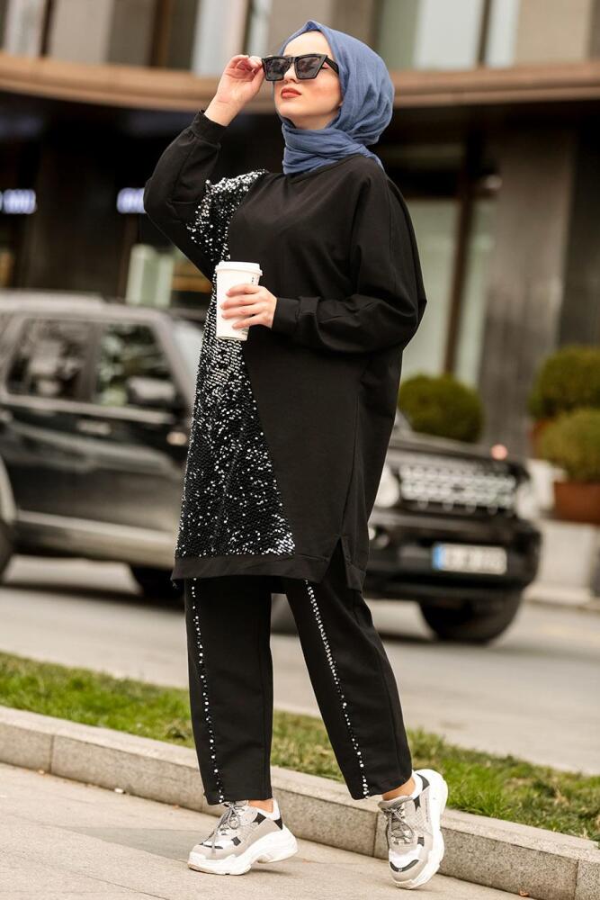 Nayla Collection - Pul Payetli Siyah İkili Tesettür Takım 30230S - 1
