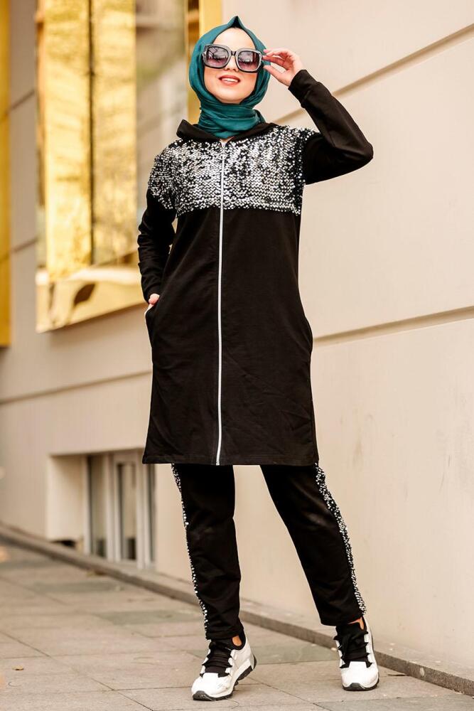 Nayla Collection - Pul Payetli Siyah İkili Tesettür Takım 30240S - 1