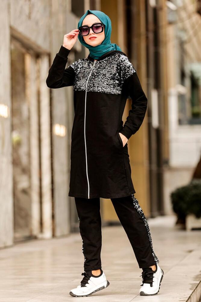 Nayla Collection - Pul Payetli Siyah İkili Tesettür Takım 30240S - 2