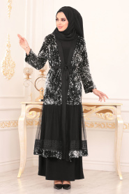 Nayla Collection - Pul Payetli Siyah Tesettür Abaya 1029S - Thumbnail