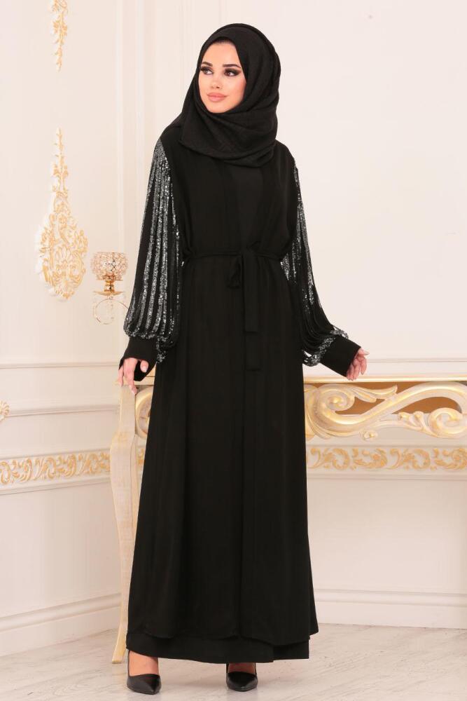 Nayla Collection - Pul Payetli Siyah Tesettür Abaya 8962S - 1