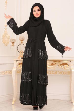 Nayla Collection - Pul Payetli Siyah Tesettür Abaya 8984S - 1