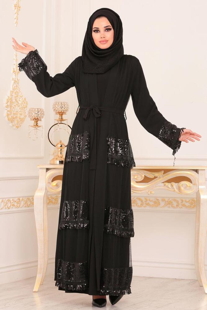 Nayla Collection - Pul Payetli Siyah Tesettür Abaya 8984S - 1