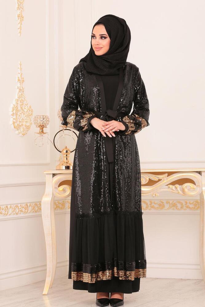 Nayla Collection - Pul Payetli Siyah Tesettür Abaya 8990S - 1