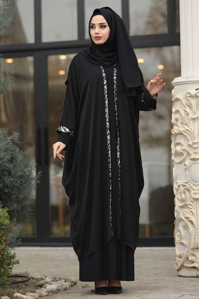 Nayla Collection - Pul Payetli Siyah Tesettür Abaya 9002S - 1