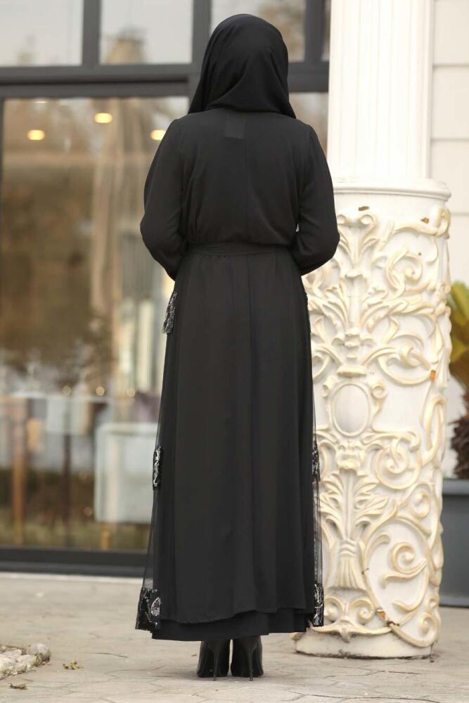 Nayla Collection - Pul Payetli Siyah Tesettür Abaya 90074S - 2