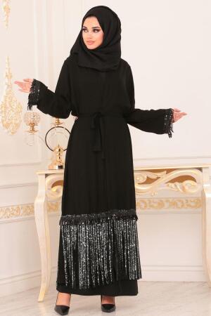 Nayla Collection - Pul Payetli Siyah Tesettür Abaya 9018S - 1