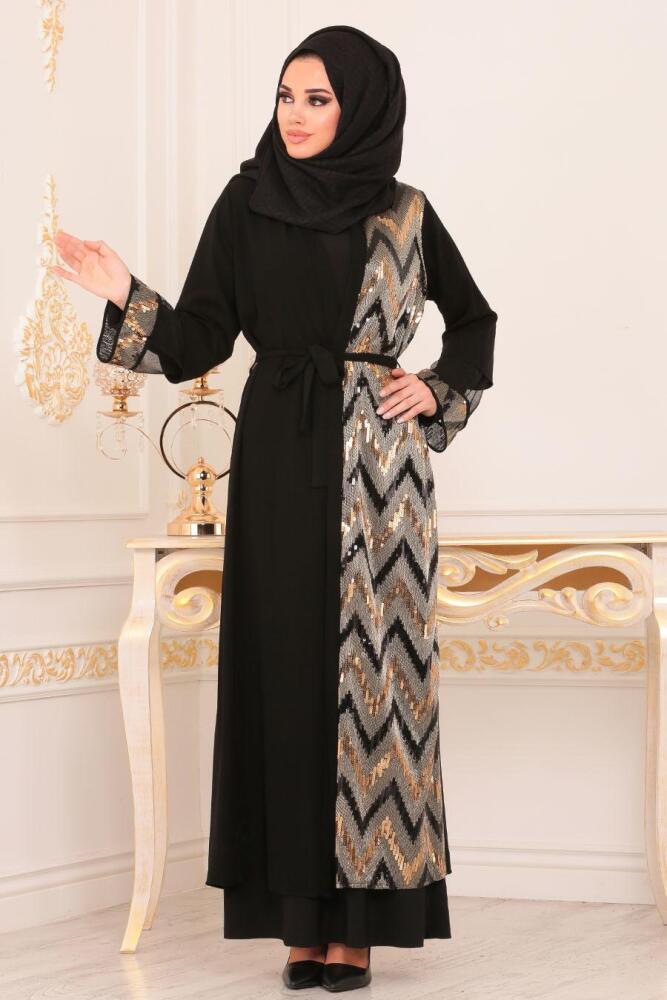Nayla Collection - Pul Payetli Siyah Tesettür Abaya 9020S - 1