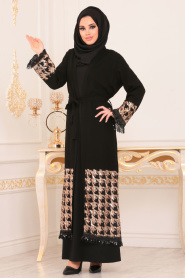 Nayla Collection - Pul Payetli Siyah Tesettür Abaya 9022S - Thumbnail