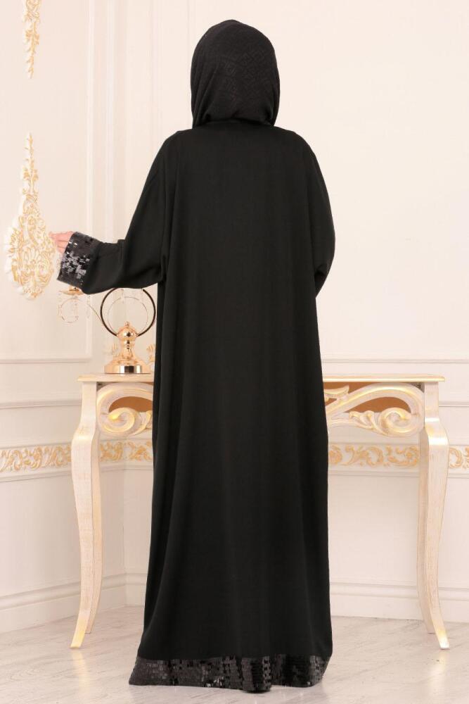 Nayla Collection - Pul Payetli Siyah Tesettür Abaya 9028S - 2