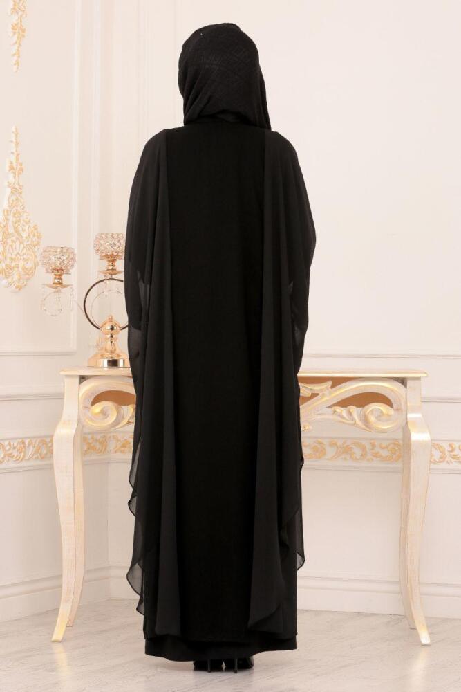 Nayla Collection - Pul Payetli Siyah Tesettür Abaya 9046S - 2