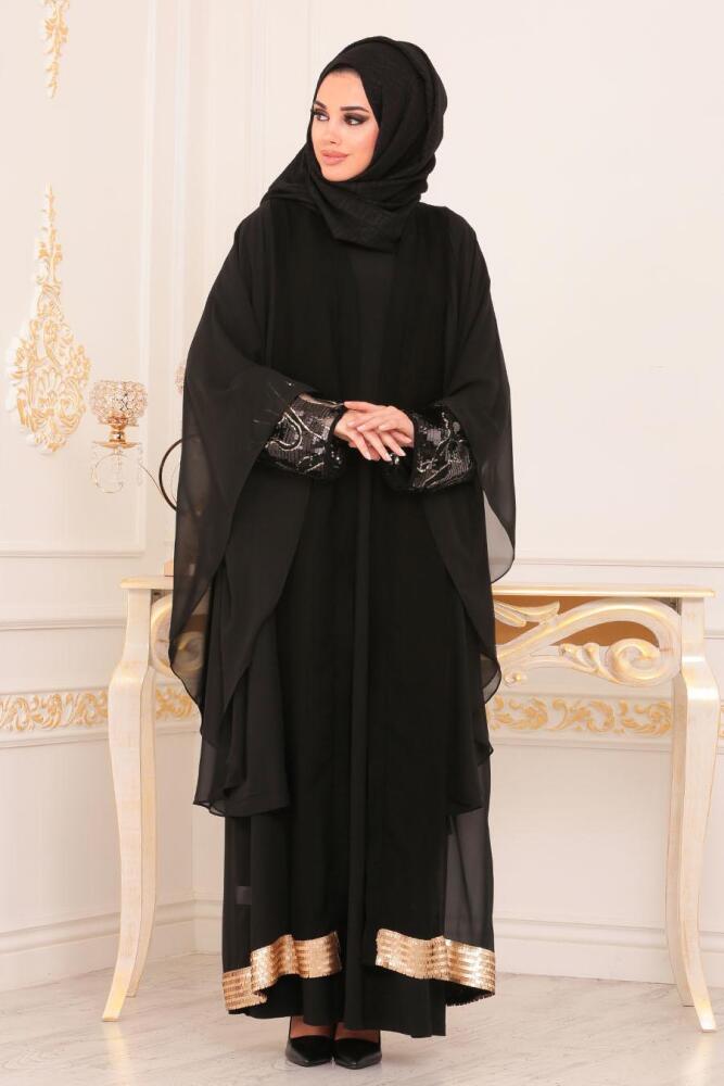 Nayla Collection - Pul Payetli Siyah Tesettür Abaya 9047S - 1