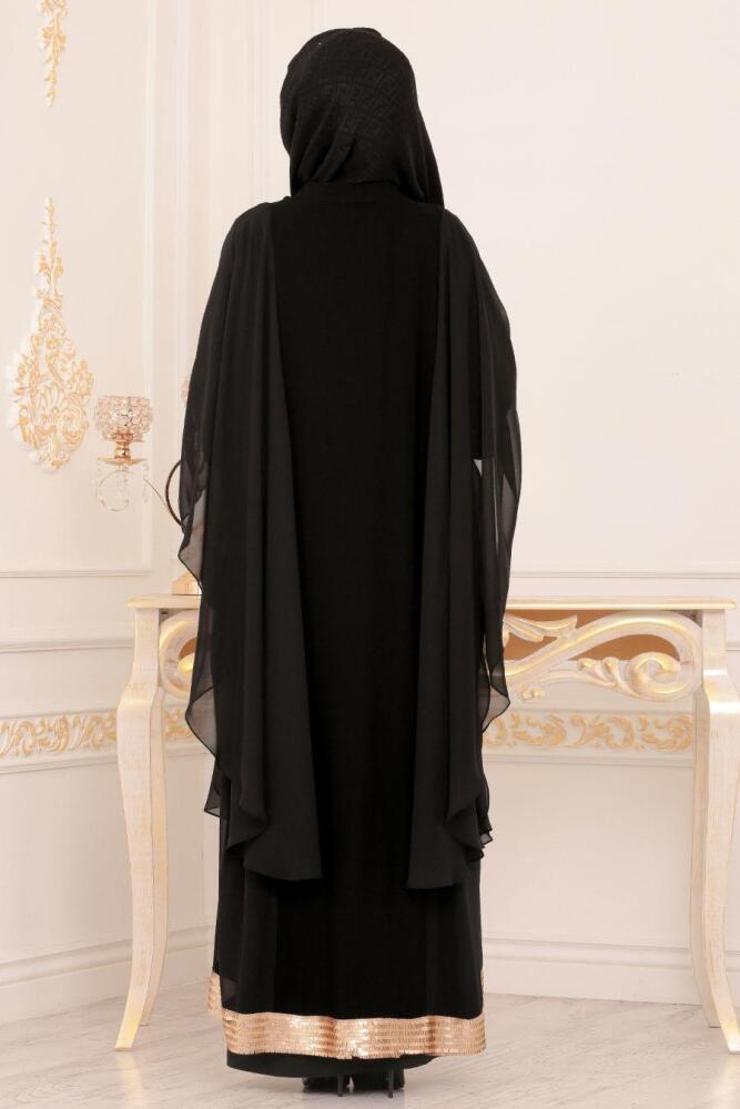Nayla Collection - Pul Payetli Siyah Tesettür Abaya 9047S - 2
