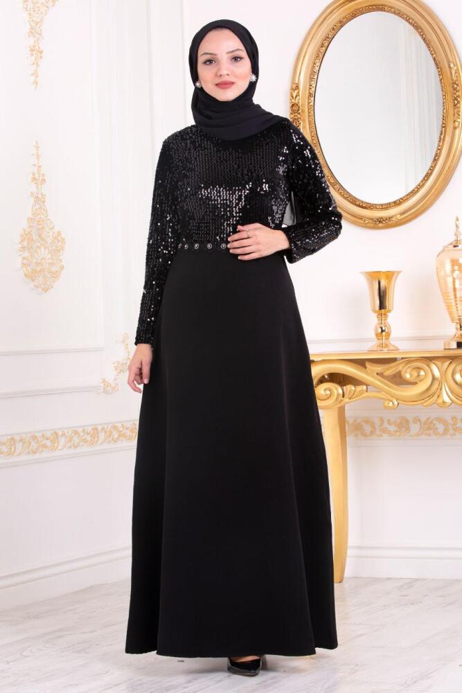 Nayla Collection - Pul Payetli Siyah Tesettür Abiye Elbise 3052S - 1