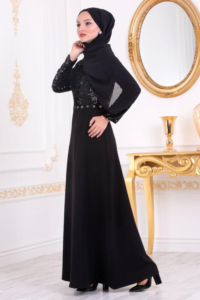 Nayla Collection - Pul Payetli Siyah Tesettür Abiye Elbise 3052S - 2
