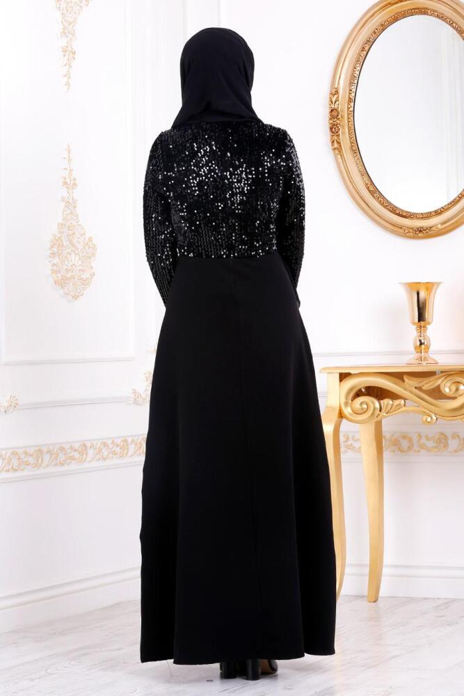 Nayla Collection - Pul Payetli Siyah Tesettür Abiye Elbise 3052S - 3