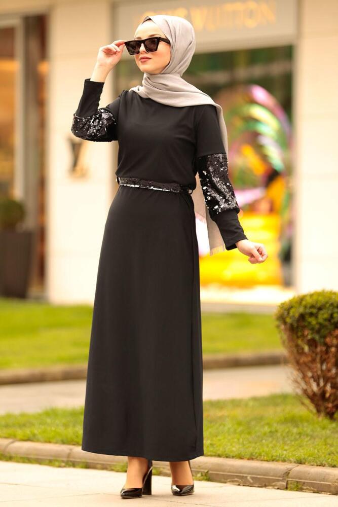 Nayla Collection - Pul Payetli Siyah Tesettür Elbise 1002S - 1