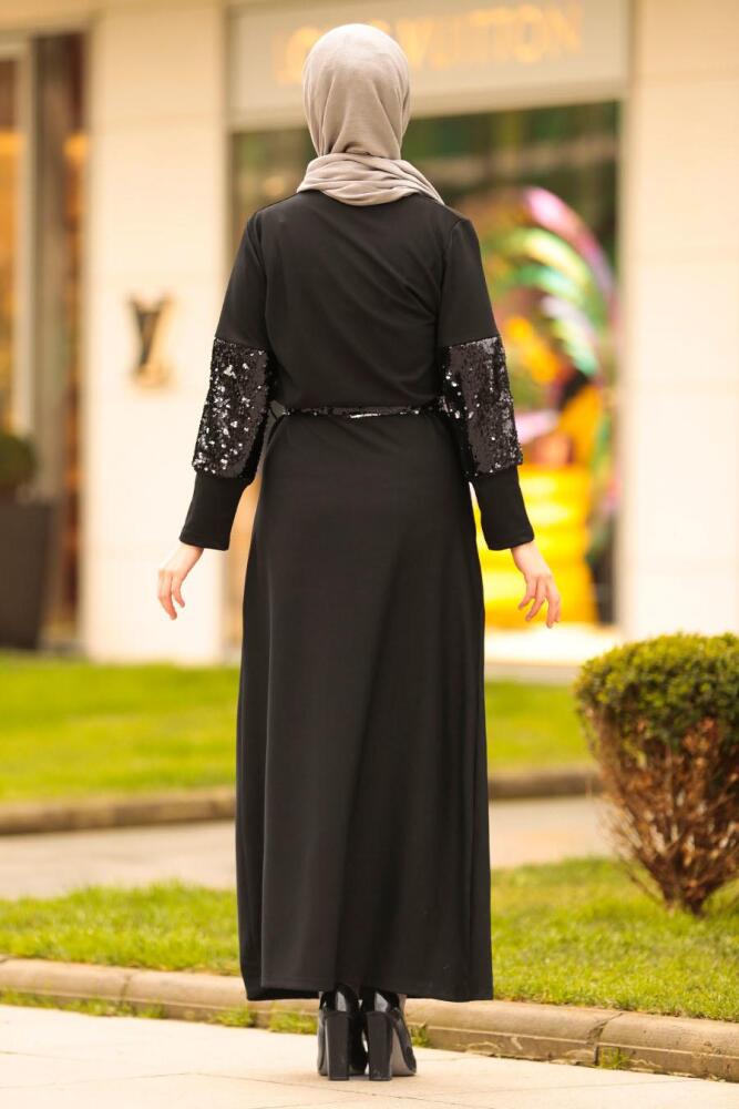 Nayla Collection - Pul Payetli Siyah Tesettür Elbise 1002S - 2