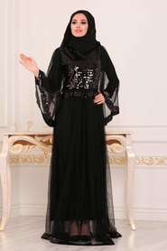 Nayla Collection - Pul Payetli Siyah Tesettür Elbise 9064S - Thumbnail