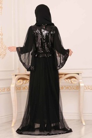 Nayla Collection - Pul Payetli Siyah Tesettür Elbise 9064S - Thumbnail