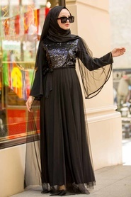 Nayla Collection - Pul Payetli Siyah Tesettür Elbise 90860S - Thumbnail