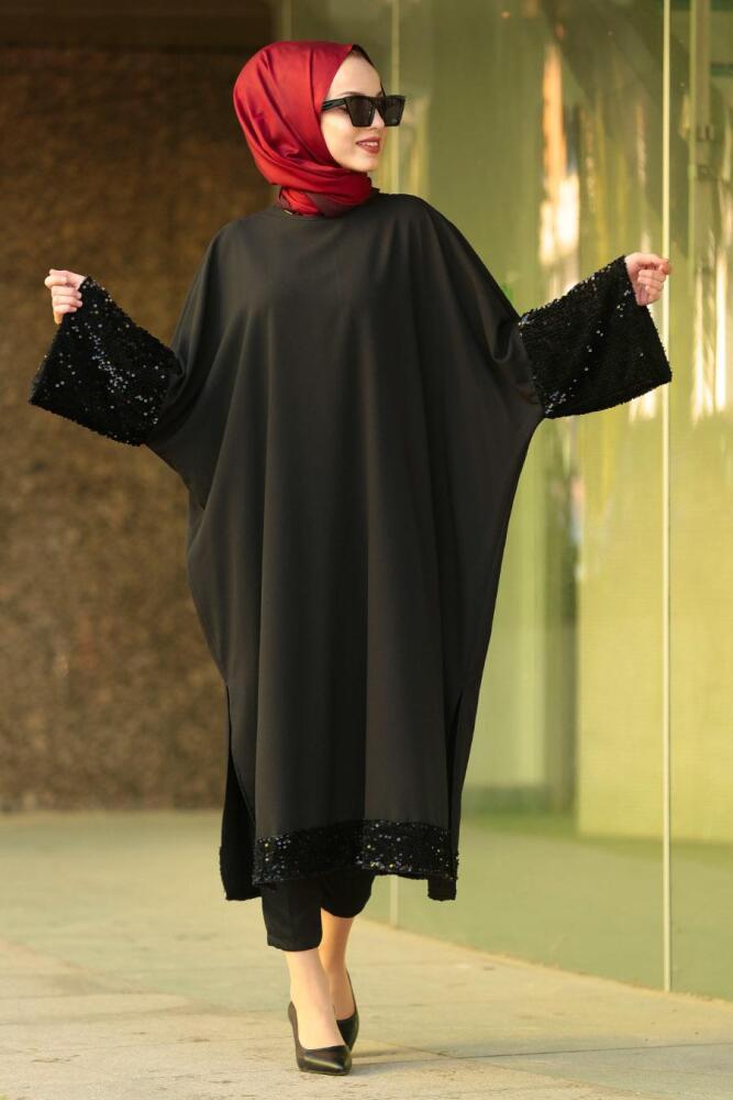 Nayla Collection - Pul Payetli Siyah Tesettür Tunik 2267S - 1