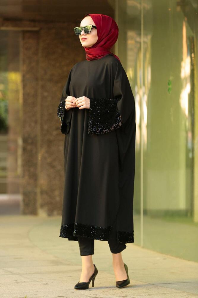 Nayla Collection - Pul Payetli Siyah Tesettür Tunik 2267S - 2